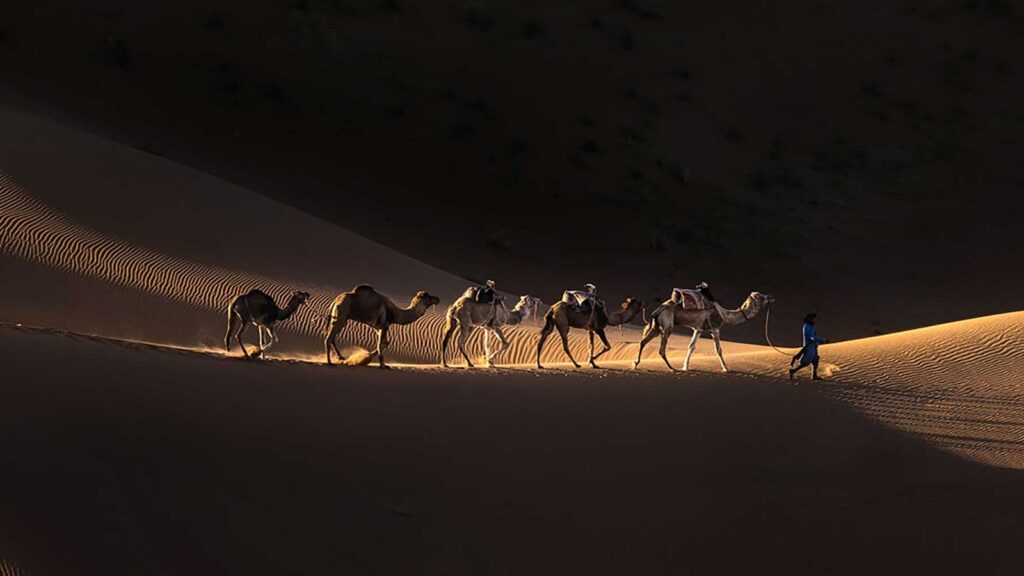 Wide Moroccan desert panorama at sunset